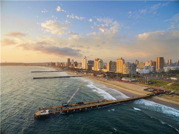 A scenic aerial view of the Durban beachfront in the morning