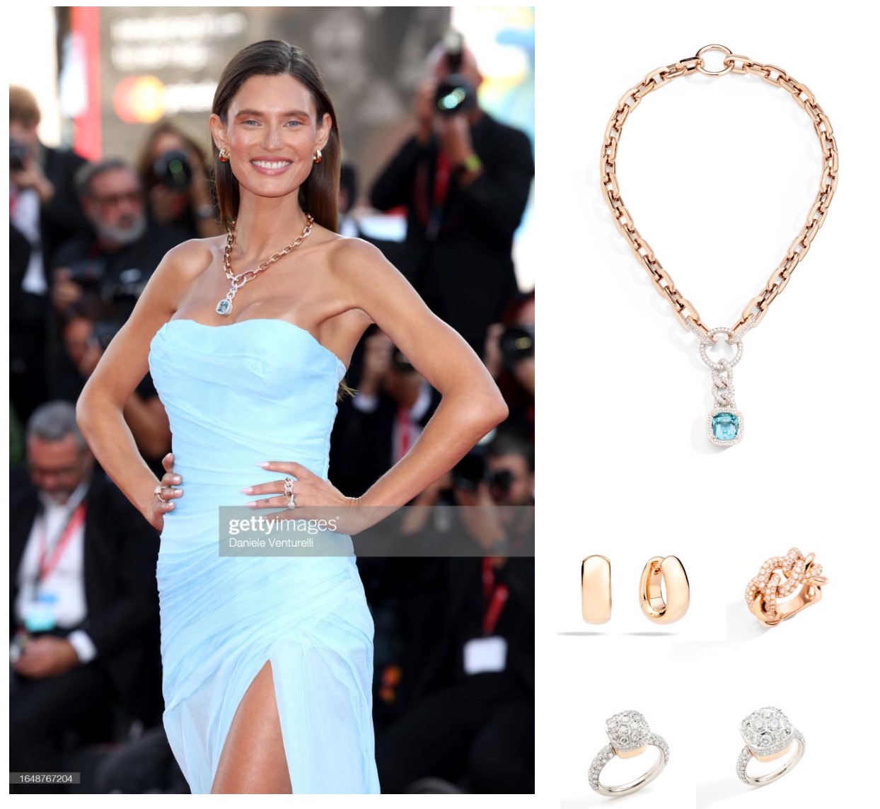 A person in a blue dress and jewelry Description automatically generated
