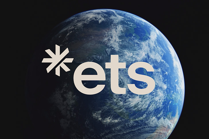 A photo of earth from outer space with the ETS logo overlaid on it.