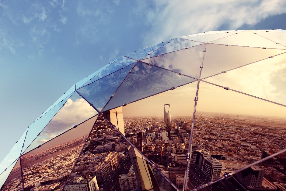 A view of a city from.a glass umbrella Description automatically generated