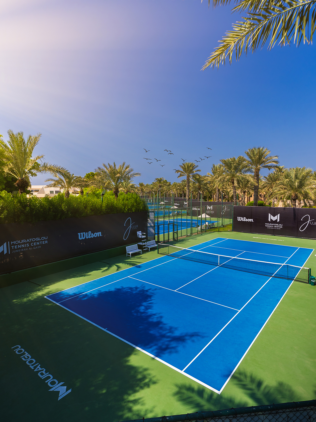 A tennis court with palm trees and blue sky

AI-generated content may be incorrect.