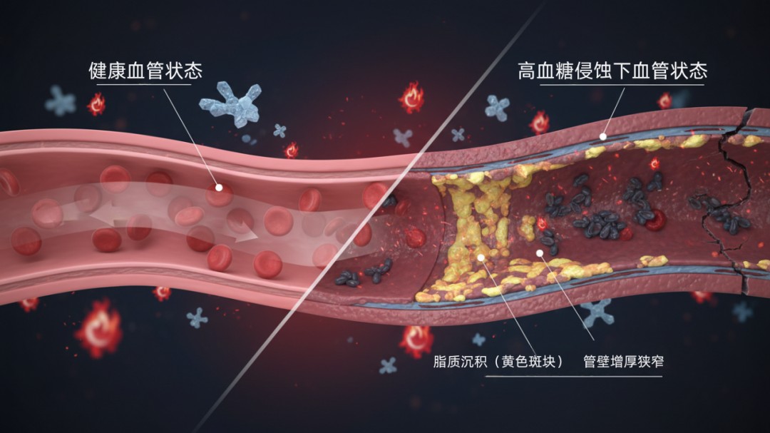 3、健康血管和高血糖侵蚀血管对比